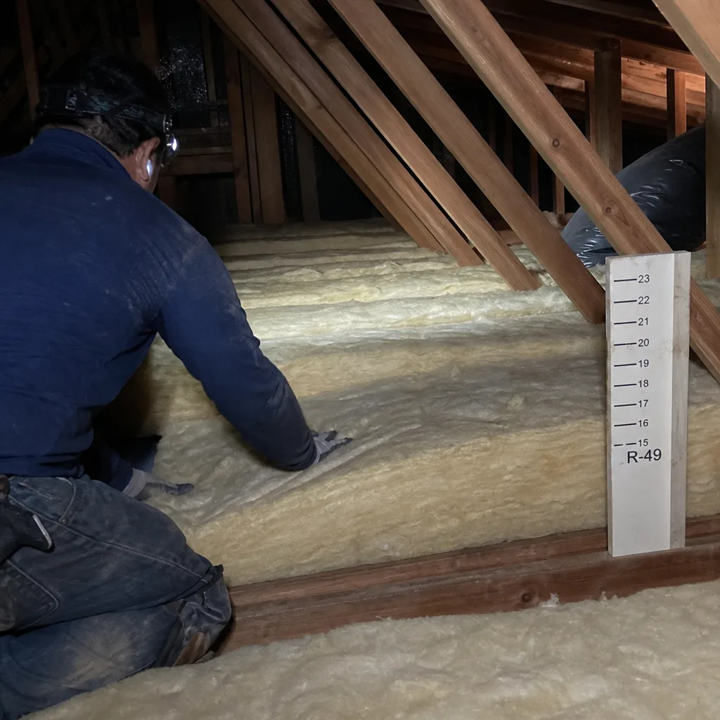 Contractor installing fiberglass attic insulation to meet R-49 efficiency levels