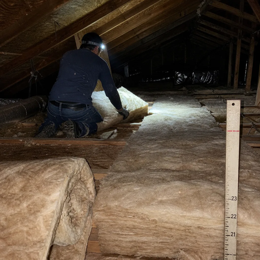 Professional technician installing new fiberglass insulation rolls in residential attic