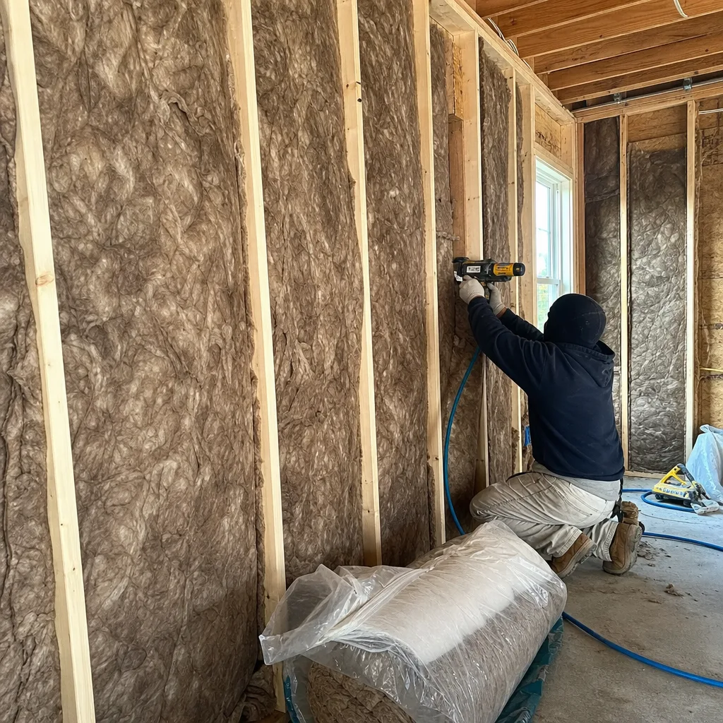 Professional construction worker installing fiberglass batt insulation in a wooden wall