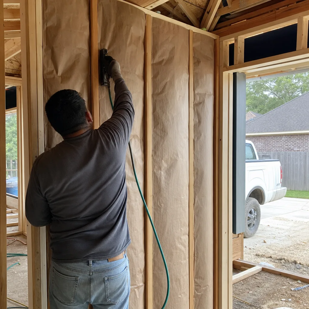 Worker installing paper-faced insulation in residential wall frame