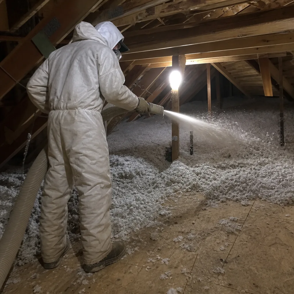 Professional contractor installing blown-in attic insulation for improved energy efficiency.