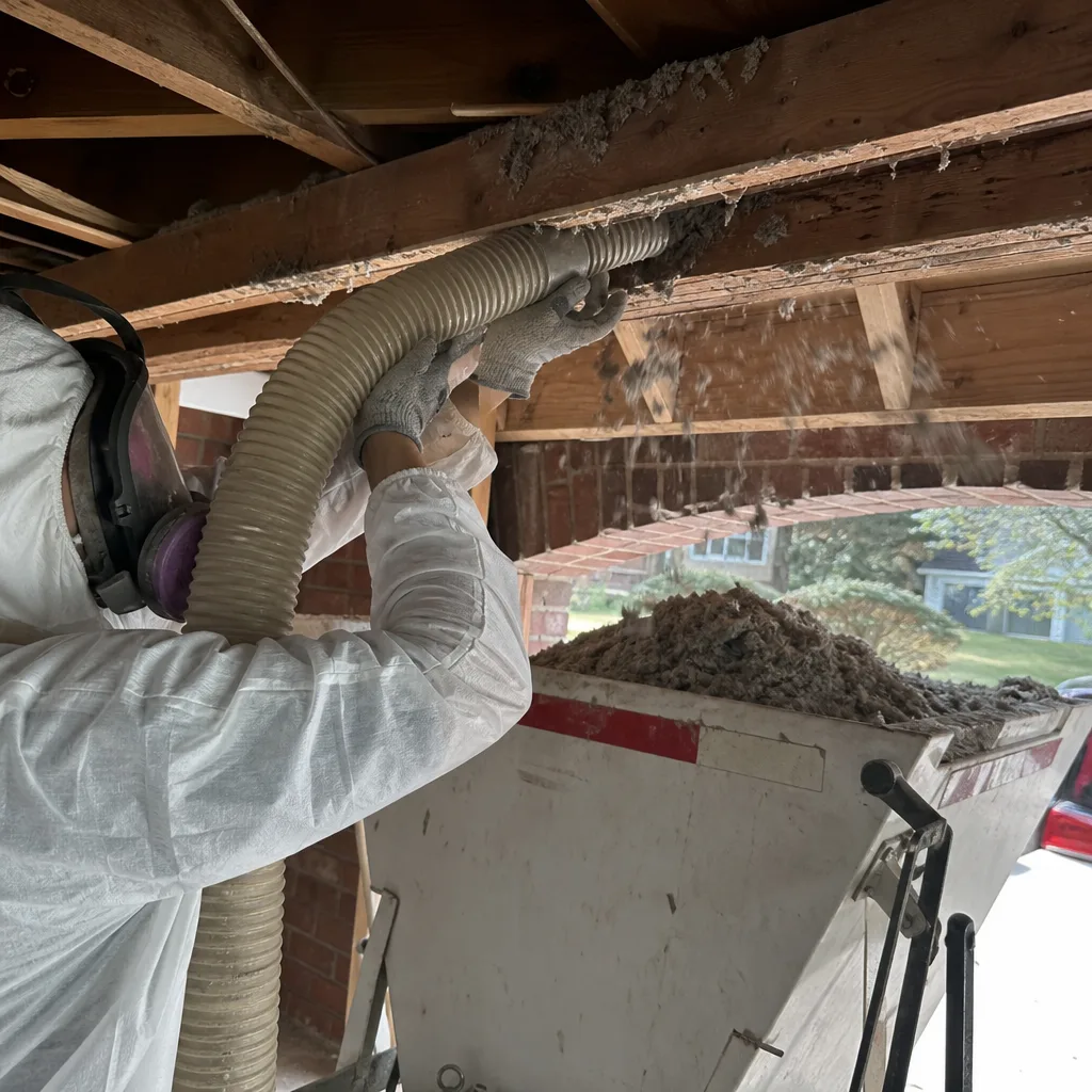 Professional contractor removing old loose-fill insulation from a ceiling cavity.